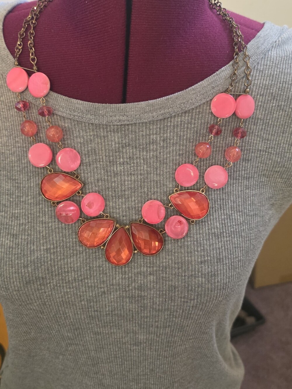 Coral Pink Statement Necklace - Brand:None